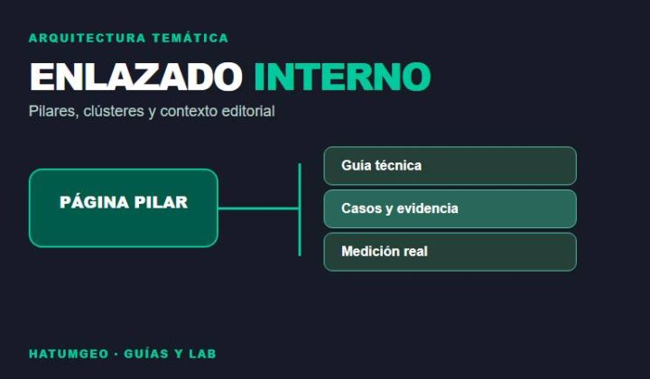Ilustración de una página pilar conectada con tres guías SEO GEO mediante enlaces internos