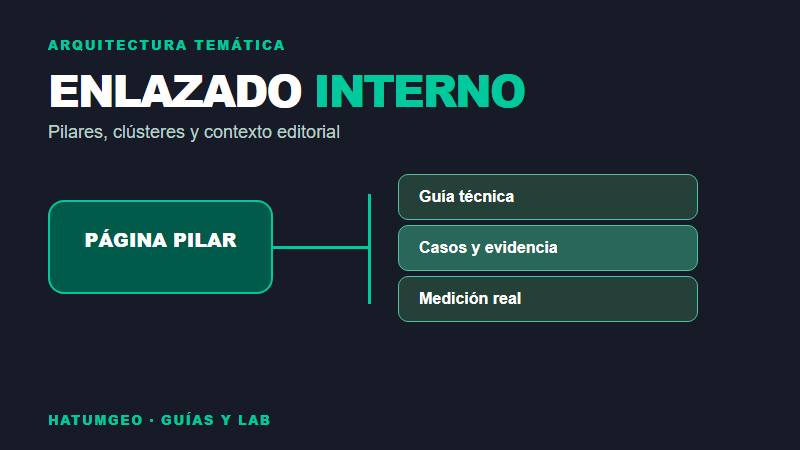 Ilustración de una página pilar conectada con tres guías SEO GEO mediante enlaces internos