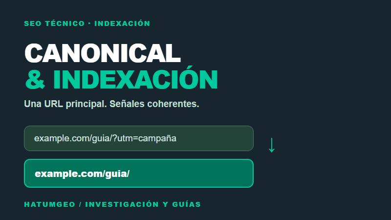 Representación de URL canónica y duplicados con una dirección principal destacada en verde